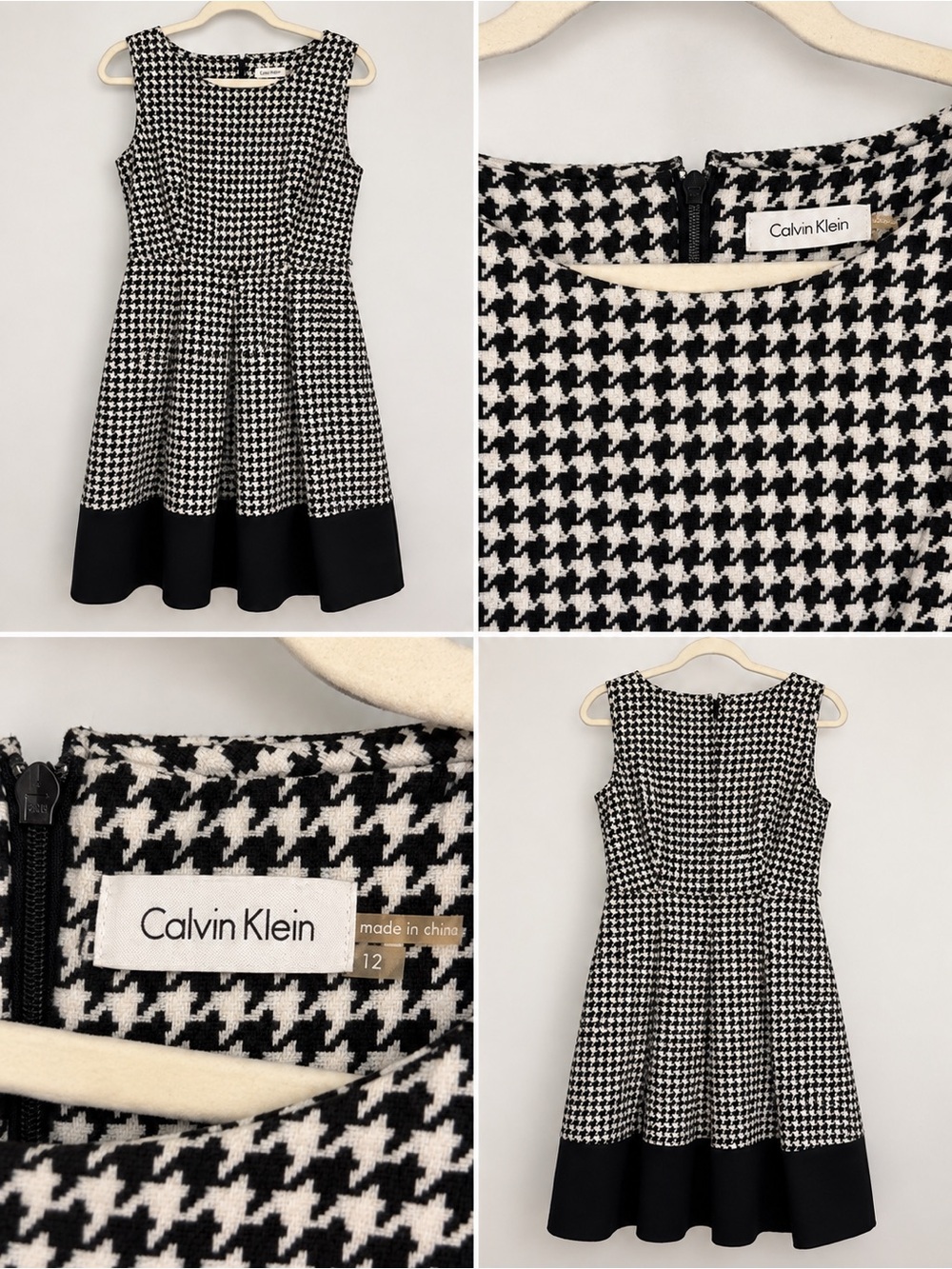 Calvin Klein Black & White Houndstooth Fit-and-Flare Dress with Hem Band